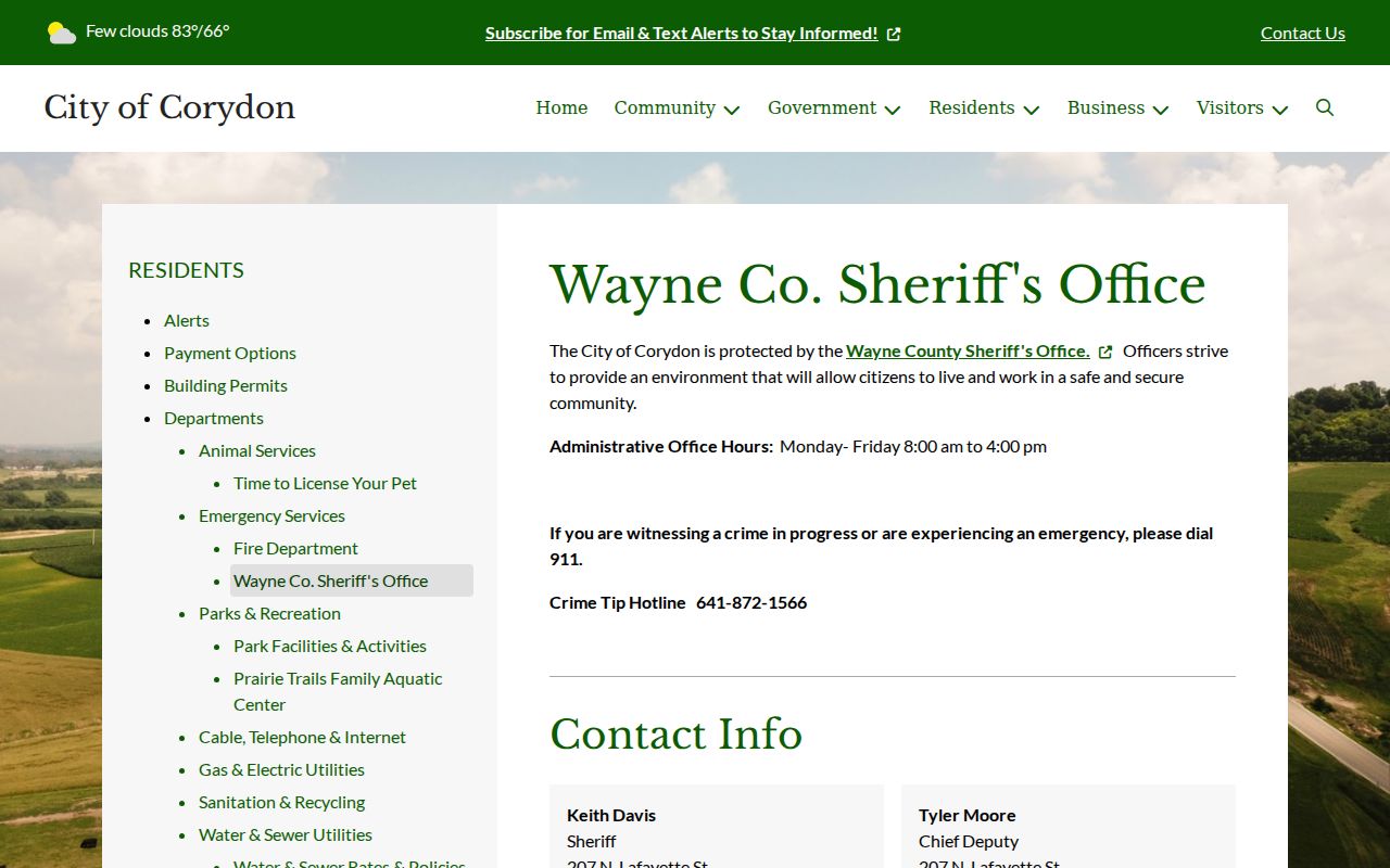 Official Corydon page explaining that Wayne County Sheriff's Office provides city law enforcement