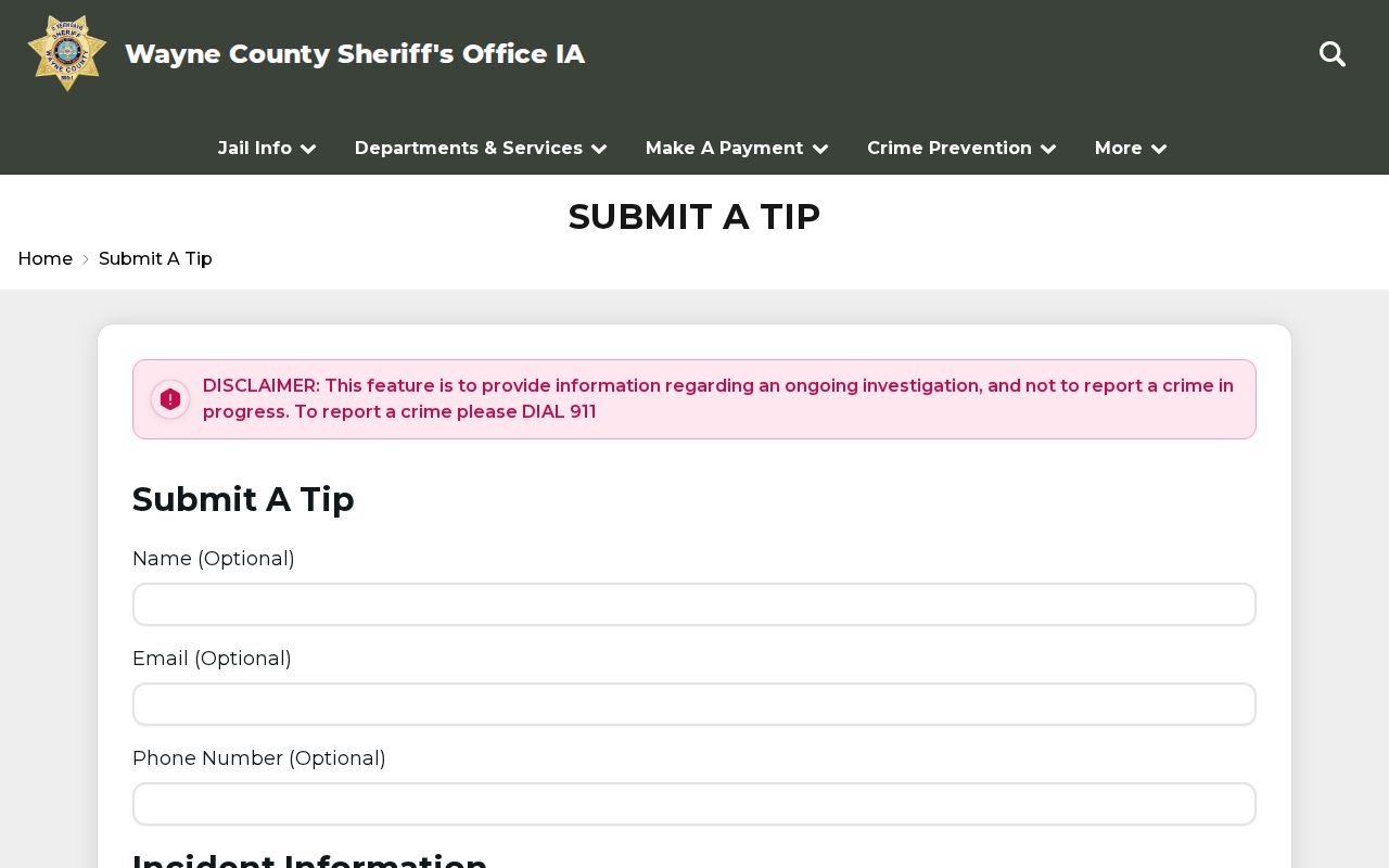 Wayne County warrant records sheriff tip form and emergency disclaimer